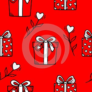 Cute hand drawn seamless pattern with love doodles elements - flowers and gift boxes.